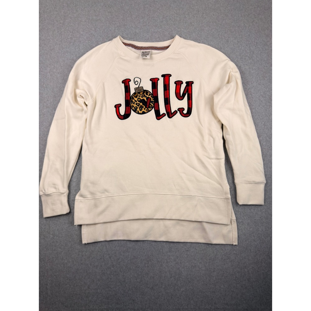 Royce Brand Jolly Christmas Sweatshirt Womens M Plaid Leopard Cream Pullover